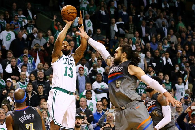 BOSTON, MA - MARCH 20:  Marcus Morris #13 of the Boston Celtics makes a three-point shot to give the Celtics a one point lead with 1.2 seconds remaining on the clock during a game against the Oklahoma City Thunder at TD Garden on March 20, 2018 in Boston, Massachusetts. NOTE TO USER: User expressly acknowledges and agrees that, by downloading and or using this photograph, User is consenting to the terms and conditions of the Getty Images License Agreement. (Photo by Adam Glanzman/Getty Images)