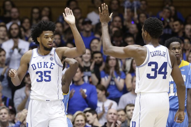 Duke's Marvin Bagley III (35) and Wendell Carter Jr. (34) react following a play against Southern during the second half of an NCAA college basketball game in Durham, N.C., Friday, Nov. 17, 2017. Duke won 78-61. (AP Photo/Gerry Broome)