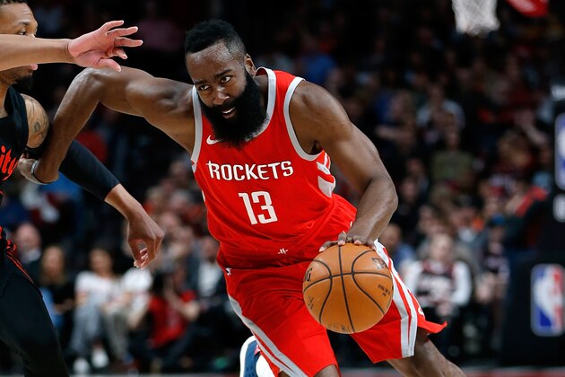 PORTLAND, OR - MARCH 20:  James Harden #13 of the Houston Rockets drives against the Portland Trail Blazers at Moda Center on March 20, 2018 in Portland, Oregon.  NOTE TO USER: User expressly acknowledges and agrees that, by downloading and or using this photograph, User is consenting to the terms and conditions of the Getty Images License Agreement.  (Photo by Jonathan Ferrey/Getty Images)
