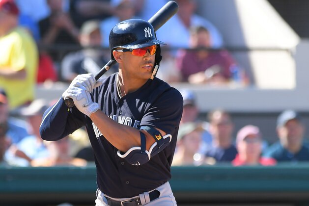 LAKELAND, FL - MARCH 06:  Giancarlo Stanton #27 of the New York Yankees bats during the Spring Training game against the Detroit Tigers at Publix Field at Joker Marchant Stadium on March 6, 2018 in Lakeland, Florida. The Yankees defeated the Tigers 7-2.  (Photo by Mark Cunningham/MLB Photos via Getty Images)