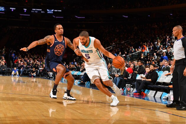 NEW YORK,NY - MARCH 17 : Nicolas Batum #5 of the Charlotte Hornets drives to the basket against the New York Knicks at Madison Square Garden on March 17, 2018 in New York,New York NOTE TO USER: User expressly acknowledges and agrees that, by downloading and/or using this Photograph, user is consenting to the terms and conditions of the Getty Images License Agreement. Mandatory Copyright Notice: Copyright 2018 NBAE (Photo by Jesse D. Garrabrant/NBAE via Getty Images)