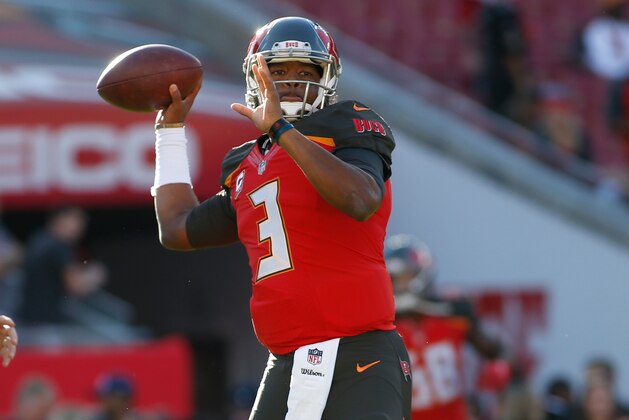 TAMPA, FL - DECEMBER 31:  Quarterback Jameis Winston #3 of the Tampa Bay Buccaneers warms up before the start of an NFL football game against the New Orleans Saints on December 31, 2017 at Raymond James Stadium in Tampa, Florida. (Photo by Brian Blanco/Getty Images)