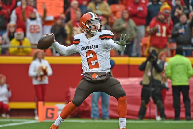 KANSAS CITY, MO - DECEMBER 27:  Quarterback Johnny Manziel #2 of the Cleveland Browns drops back to pass against the Kansas City Chiefs during the first half on December 27, 2015 at Arrowhead Stadium in Kansas City, Missouri.  (Photo by Peter G. Aiken/Getty Images)