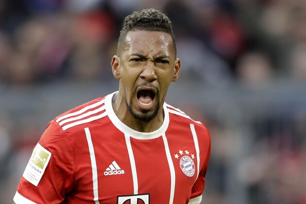 Bayern's Jerome Boateng celebrates after scoring his side's second goal during the German  Bundesliga soccer  match between FC Bayern Munich and TSG 1899 Hoffenheim in Munich, Germany, Saturday, Jan. 27, 2018. (AP Photo/Matthias Schrader)
