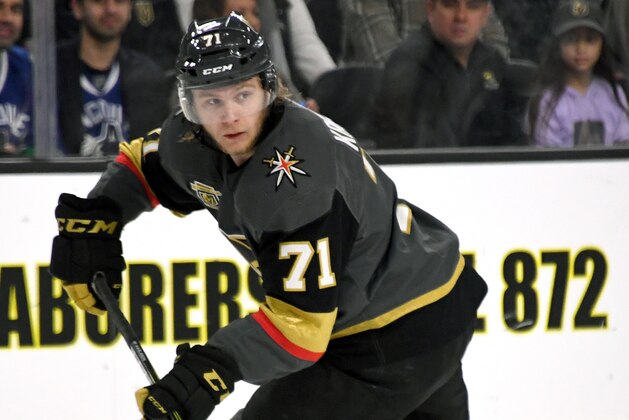 LAS VEGAS, NV - MARCH 20:  William Karlsson #71 of the Vegas Golden Knights skates with the puck against the Vancouver Canucks in the third period of their game at T-Mobile Arena on March 20, 2018 in Las Vegas, Nevada. The Golden Knights won 4-1.  (Photo by Ethan Miller/Getty Images)