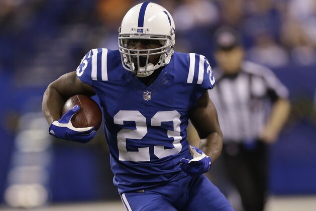 Indianapolis Colts running back Frank Gore (23) runs against the Denver Broncos during the first half of an NFL football game in Indianapolis, Thursday, Dec. 14, 2017. (AP Photo/AJ Mast)