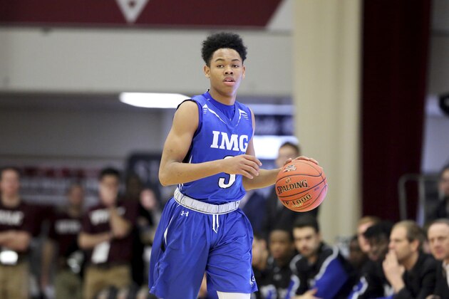 IMG Post Grad National's Anfernee Simons #3 in action against Vermont Academy during a high school basketball game at the Hoophall Classic, Sunday, January 14, 2018, in Springfield,MA. (AP Photo/Gregory Payan)