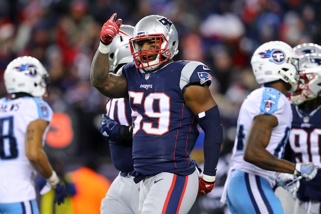 FOXBOROUGH, MA - JANUARY 13:  Marquis Flowers #59 of the New England Patriots reacts after a sack in the fourth quarter of the AFC Divisional Playoff game against the Tennessee Titans at Gillette Stadium on January 13, 2018 in Foxborough, Massachusetts.  (Photo by Maddie Meyer/Getty Images)