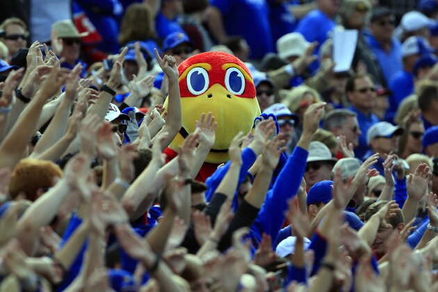 Kansas Jayhawks mascot during the first half of an NCAA college football game Texas Tech in Lawrence, Kan., Saturday, Oct. 7, 2017. (AP Photo/Orlin Wagner)