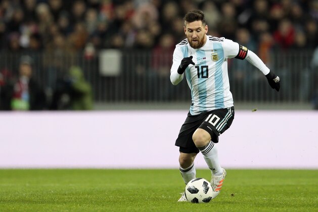 FILE - In this Saturday, Nov. 11, 2017 filer, Argentina's Lionel Messi controls the ball during the international friendly soccer match between Russia and Argentina at Luzhniki stadium in Moscow. (AP Photo/Ivan Sekretarev, File)