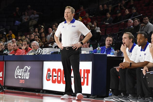 LYNCHBURG, VA - NOVEMBER 17:  Head coach Niko Medved of the Drake Bulldogs looks on during the quarterfinals of the Paradise Jam college basketball tournament against the Wake Forest Demon Deacons at The Vines Center on November 17, 2017 in Lynchburg, Virginia.  The Bulldogs won 77-74.  (Photo by Mitchell Layton/Getty Images)