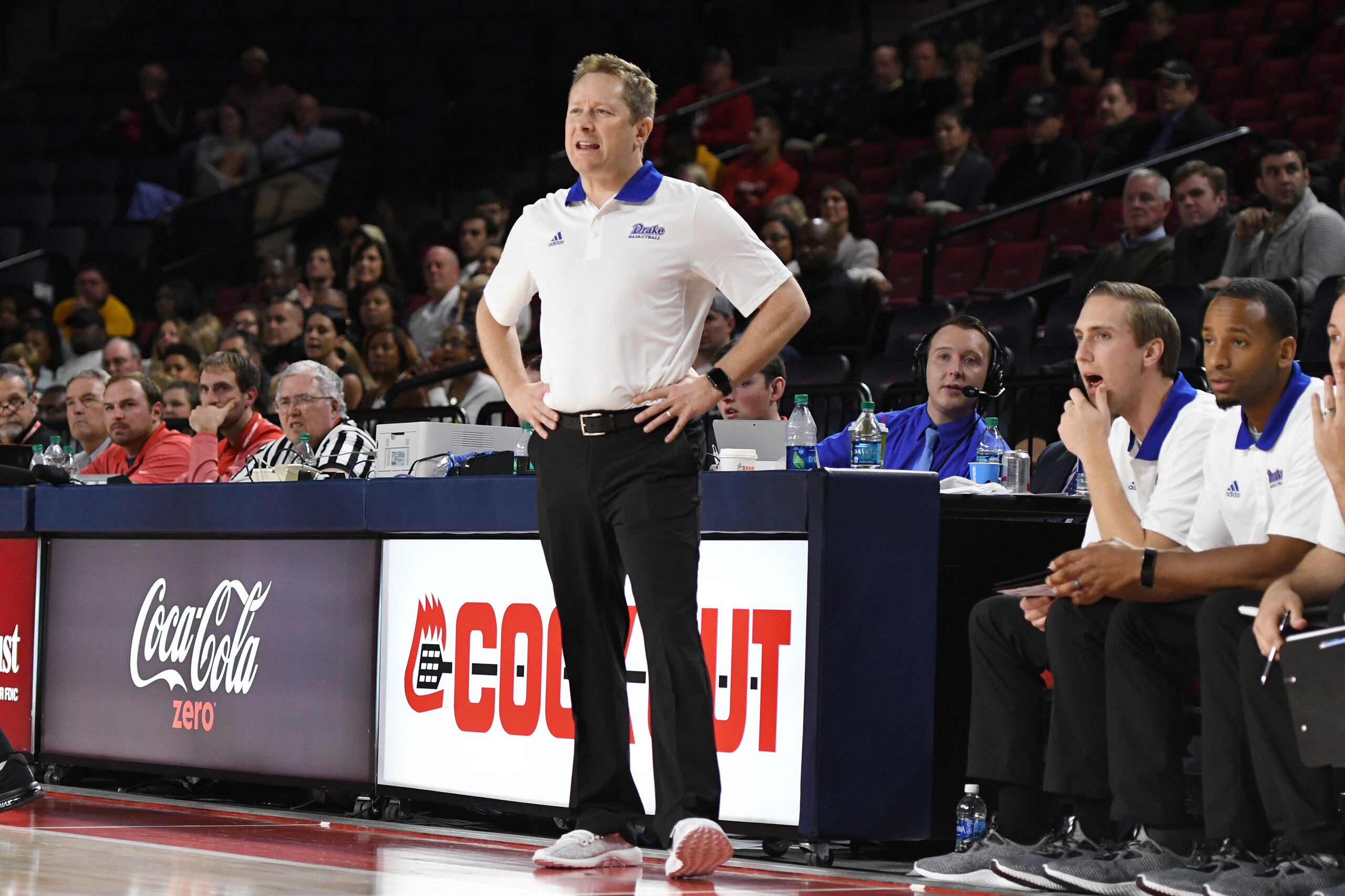 LYNCHBURG, VA - NOVEMBER 17: Head coach Niko Medved of the Drake Bulldogs looks on during the quarterfinals of the Paradise Jam college basketball tournament against the Wake Forest Demon Deacons at The Vines Center on November 17, 2017 in Lynchburg, Virginia. The Bulldogs won 77-74. (Photo by Mitchell Layton/Getty Images) LYNCHBURG, VA - NOVEMBER 17: Head coach Niko Medved of the Drake Bulldogs looks on during the quarterfinals of the Paradise Jam college basketball tournament against the Wake Forest Demon Deacons at The Vines Center on November 17, 2017 in Lynchburg, Virginia. The Bulldogs won 77-74. (Photo by Mitchell Layton/Getty Images)