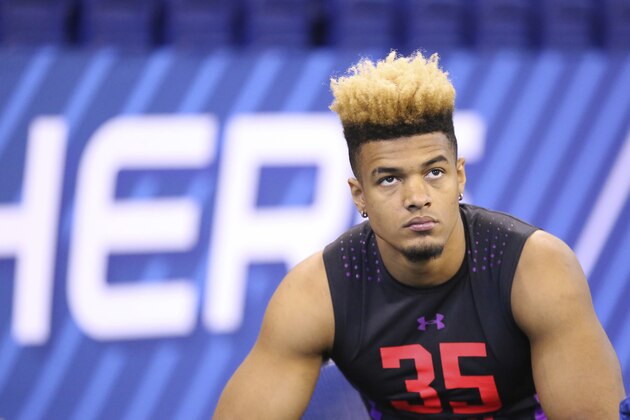Notre Dame wide receiver Equanimeous St. Brown is seen at the 2018 NFL Scouting Combine on Saturday, March 3, 2018, in Indianapolis. (AP Photo/Gregory Payan)