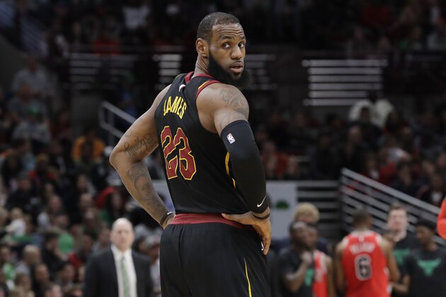 Cleveland Cavaliers forward LeBron James looks around during the second half of an NBA basketball game against the Chicago Bulls, Saturday, March 17, 2018, in Chicago. The Cavaliers won114-109. (AP Photo/Nam Y. Huh)