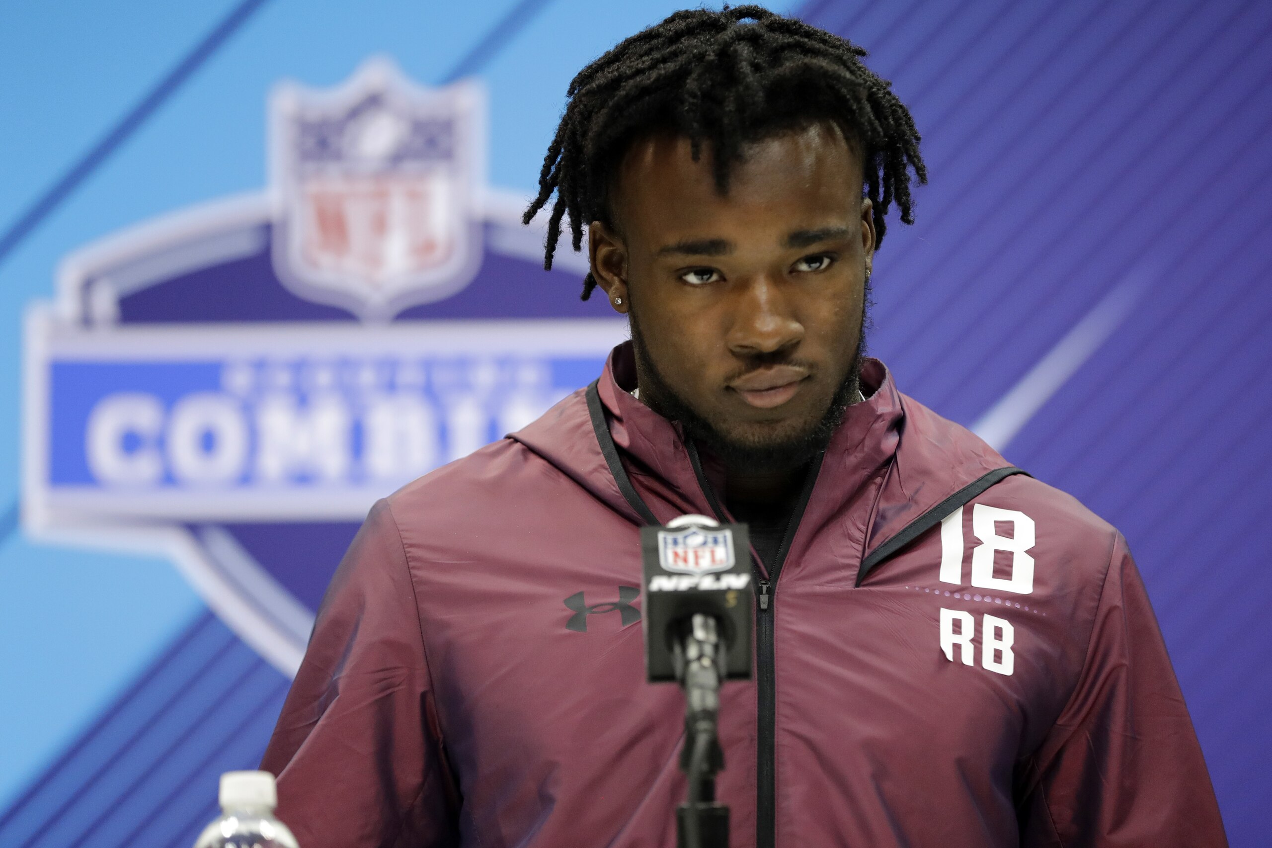 USC running back Ronald Jones speaks during a press conference at the NFL football scouting combine, Thursday, March 1, 2018, in Indianapolis. (AP Photo/Darron Cummings)