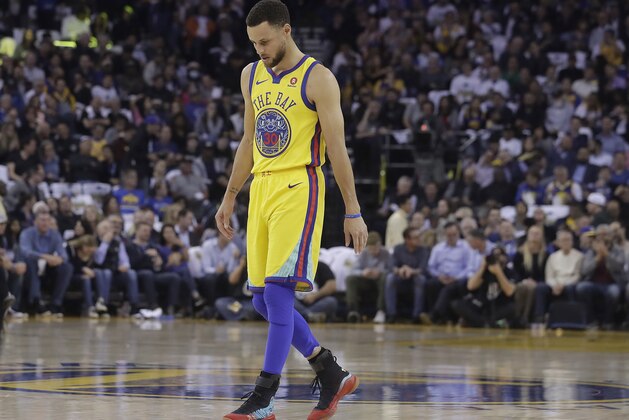 Golden State Warriors guard Stephen Curry (30) walks on the court to shoot free throws during the first half of an NBA basketball game against the San Antonio Spurs in Oakland, Calif., Thursday, March 8, 2018. (AP Photo/Jeff Chiu)