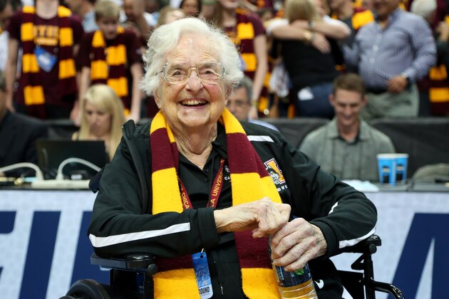 DALLAS, TX - MARCH 17:  Sister Jean Dolores-Schmidt celebrates after the Loyola Ramblers beat the Tennessee Volunteers 63-62 in the second round of the 2018 NCAA Tournament at the American Airlines Center on March 17, 2018 in Dallas, Texas.  (Photo by Tom Pennington/Getty Images)