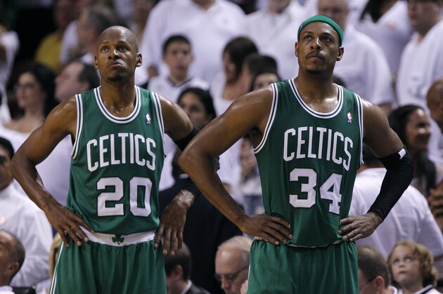 Boston Celtics' Ray Allen (20) and Paul Pierce (34) look up during the second half of Game 7 of the NBA basketball playoffs Eastern Conference finals against the Miami Heat, Saturday, June 9, 2012, in Miami. (AP Photo/Lynne Sladky)