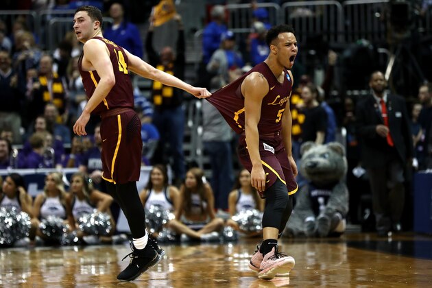 ATLANTA, GA - MARCH 22:  Marques Townes #5 of the Loyola Ramblers reacts after making a three point basket late in the second half against the Nevada Wolf Pack during the 2018 NCAA Men's Basketball Tournament South Regional at Philips Arena on March 22, 2018 in Atlanta, Georgia.  (Photo by Ronald Martinez/Getty Images)