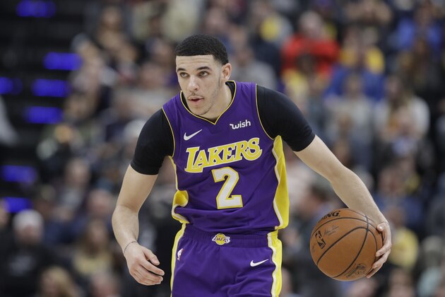 Los Angeles Lakers' Lonzo Ball in action during the first half of an NBA basketball game against the Indiana Pacers, Monday, March 19, 2018, in Indianapolis. (AP Photo/Darron Cummings)