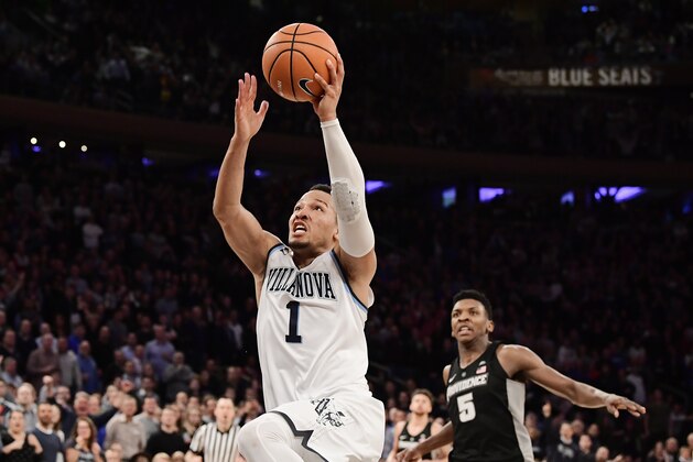 NEW YORK, NY - MARCH 10: Jalen Brunson #1 of the Villanova Wildcats dunks the ball to secure his teams victory late in overtime over the Providence Friars during the championship game of the Big East Basketball Tournament at Madison Square Garden on March 10, 2018 in New York City.  (Photo by Steven Ryan/Getty Images)