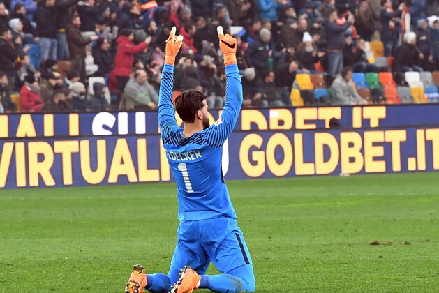 Roma goalkeeper Alisson celebrates a goal during the Italian Serie A soccer match between Udinese and Roma at the Friuli stadium in Udine, Italy, Saturday, Feb. 17, 2018. (Stefano Lancia/ANSA via AP)