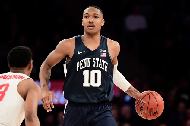 NEW YORK, NY - MARCH 02: Tony Carr #10 of the Penn State Nittany Lions in action against the Ohio State Buckeyes during the quarterfinals of the Big Ten Basketball Tournament at Madison Square Garden on March 2, 2018 in New York City. The Penn State Nittany Lions defeated the Ohio State Buckeyes 69-68.  (Photo by Steven Ryan/Getty Images)