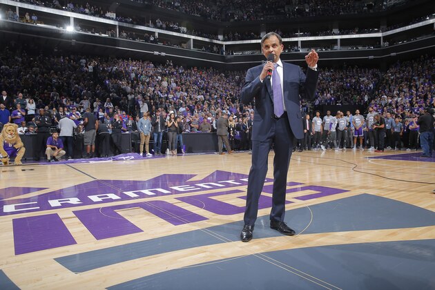SACRAMENTO, CA - OCTOBER 27: Sacramento Kings owner Vivek Ranadive addresses the fans prior to the game between the San Antonio Spurs and Sacramento Kings on October 27, 2016 at Golden 1 Center in Sacramento, California. NOTE TO USER: User expressly acknowledges and agrees that, by downloading and or using this photograph, User is consenting to the terms and conditions of the Getty Images Agreement. Mandatory Copyright Notice: Copyright 2016 NBAE (Photo by Rocky Widner/NBAE via Getty Images)