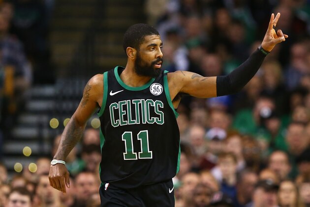 BOSTON, MA - MARCH 11:  Kyrie Irving #11 of the Boston Celtics gestures during a game against the Indiana Pacers at TD Garden on March 11, 2018 in Boston, Massachusetts. NOTE TO USER: User expressly acknowledges and agrees that, by downloading and or using this photograph, User is consenting to the terms and conditions of the Getty Images License Agreement. (Photo by Adam Glanzman/Getty Images)