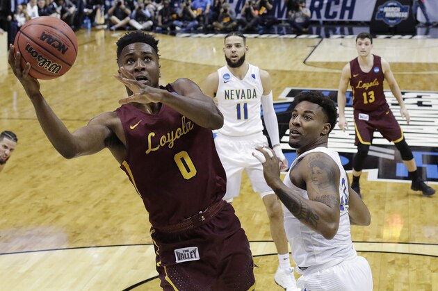 Loyola-Chicago guard Donte Ingram (0) shoots against Nevada guard Jordan Caroline (24) during the second half of a regional semifinal NCAA college basketball game, Thursday, March 22, 2018, in Atlanta. Loyola-Chicago won 69-68. (AP Photo/David Goldman)