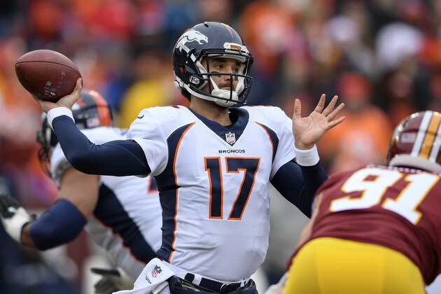 Denver Broncos quarterback Brock Osweiler (17) passes the ball during the first half an NFL football game against the Washington Redskins in Landover, Md., Sunday, Dec 24, 2017. (AP Photo/Nick Wass)