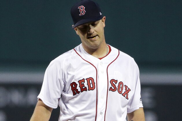 FILE - In this April 12, 2017, file photo, Boston Red Sox pitcher Steven Wright reacts during the first inning of a baseball game against the Baltimore Orioles at Fenway Park in Boston. A domestic assault case involving Wright has been retired for one year, according to a Boston Herald report. Citing a court clerk, the newspaper reported the case was retired Thursday, Dec. 21, 2017, by the Williamson County Courthouse in Tennessee. Wright was initially due in court this week following an arrest on Dec. 8, the Herald said. (AP Photo/Elise Amendola, File