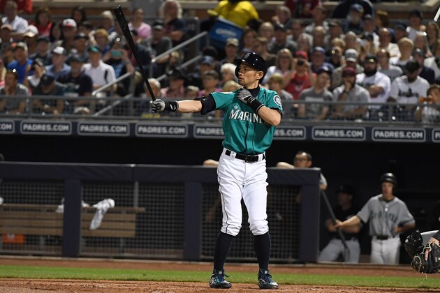 PEORIA, AZ - MARCH 12:  Ichiro Suzuki #51 of the Seattle Mariners stands at bat during the first inning of the spring training game against the Chicago White Sox at Peoria Sports Complex on March 12, 2018 in Peoria, Arizona.  (Photo by Jennifer Stewart/Getty Images)