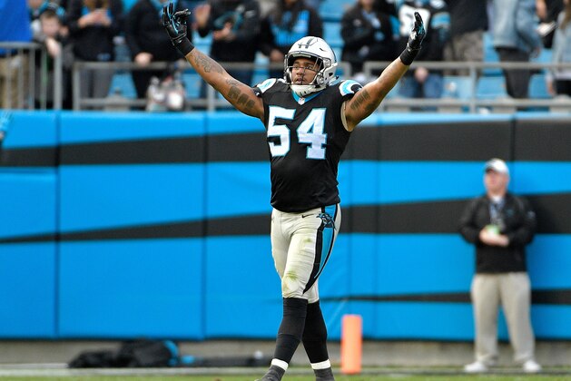 CHARLOTTE, NC - DECEMBER 24:  Shaq Green-Thompson #54 of the Carolina Panthers celebrates after a win over the Tampa Bay Buccaneers at Bank of America Stadium on December 24, 2017 in Charlotte, North Carolina.  (Photo by Grant Halverson/Getty Images)