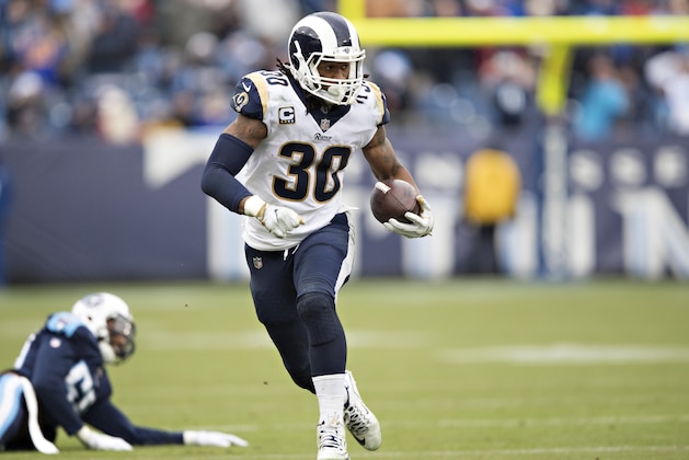 NASHVILLE, TN - DECEMBER 24:  Todd Gurley II #30 of the Los Angeles Rams runs the ball during a game against the Tennessee Titans at Nissan Stadium on December 24, 2017 in Nashville, Tennessee.  The Rams defeated the Titans 27-23.  (Photo by Wesley Hitt/Getty Images)