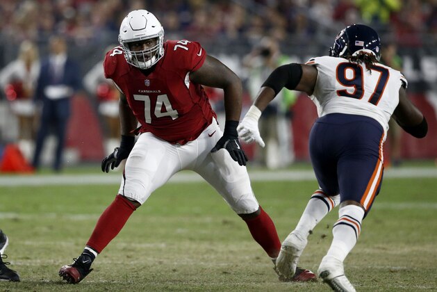 Arizona Cardinals offensive tackle D.J. Humphries (74) lines up against the Chicago Bears during the first half of a preseason NFL football game, Saturday, Aug. 19, 2017, in Glendale, Ariz. (AP Photo/Ross D. Franklin)