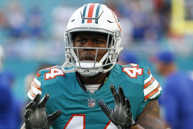 Miami Dolphins outside linebacker Stephone Anthony (44) warms up before an NFL football game against the Buffalo Bills, Sunday, Dec. 31, 2017, in Miami Gardens, Fla. (AP Photo/Wilfredo Lee)