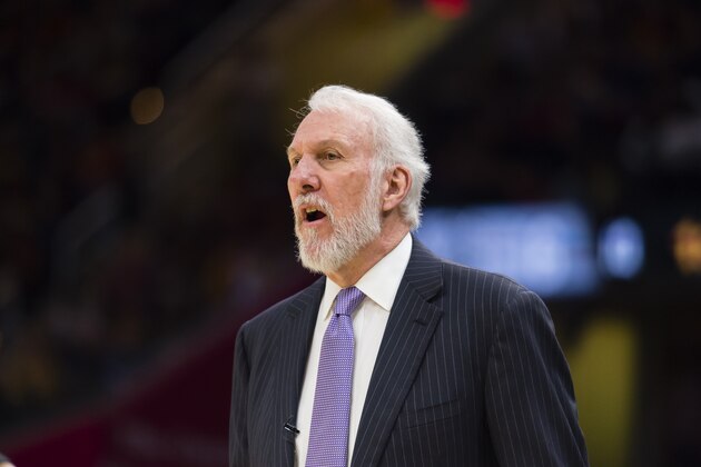 CLEVELAND, OH - FEBRUARY 25: Gregg Popovich of the San Antonio Spurs yells to his players during the first half against the Cleveland Cavaliers at Quicken Loans Arena on February 25, 2018 in Cleveland, Ohio. NOTE TO USER: User expressly acknowledges and agrees that, by downloading and or using this photograph, User is consenting to the terms and conditions of the Getty Images License Agreement. (Photo by Jason Miller/Getty Images)