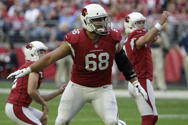 Arizona Cardinals offensive tackle Jared Veldheer (68) during the second half of an NFL football game against the Tennessee Titans, Sunday, Dec.10, 2017, in Glendale, Ariz. (AP Photo/Rick Scuteri)