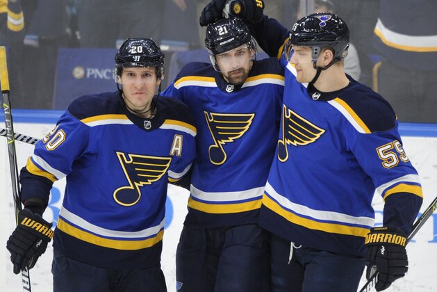 St. Louis Blues' Patrik Berglund (21), of Sweden, is congratulated by Alexander Steen (20) and Colton Parayko (55) after his goal against the Vancouver Canucks during the first period of an NHL hockey game, Friday, March 23, 2018, in St. Louis. (AP Photo/Bill Boyce)