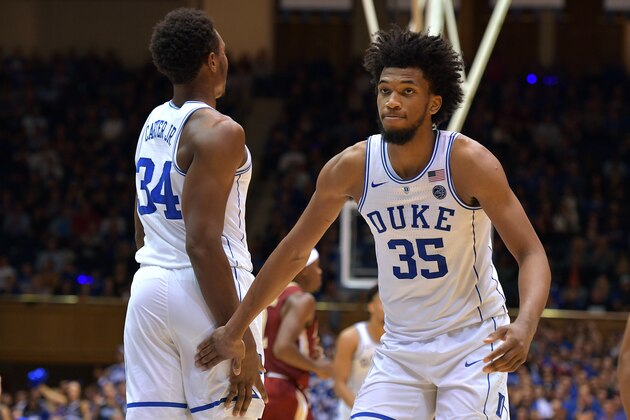 DURHAM, NC - NOVEMBER 10: Wendell Carter, Jr. #34 and Marvin Bagley III #35 of the Duke Blue Devils react following a dunk by Carter during their game against the Elon Phoenix at Cameron Indoor Stadium on November 10, 2017 in Durham, North Carolina. Duke won 97-68. (Photo by Lance King/Getty Images) DURHAM, NC - NOVEMBER 10: Wendell Carter, Jr. #34 and Marvin Bagley III #35 of the Duke Blue Devils react following a dunk by Carter during their game against the Elon Phoenix at Cameron Indoor Stadium on November 10, 2017 in Durham, North Carolina. Duke won 97-68. (Photo by Lance King/Getty Images)