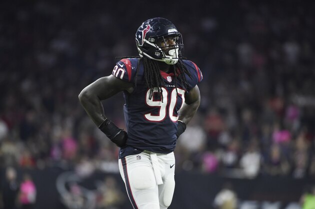 Houston Texans outside linebacker Jadeveon Clowney (90) catches his breath between plays during the first half of an NFL football game against the Kansas City Chiefs, Sunday, Oct. 8, 2017, in Houston. (AP Photo/Eric Christian Smith)