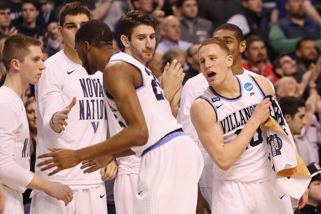 BOSTON, MA - MARCH 23:  Mikal Bridges #25 of the Villanova Wildcats celebrates with teammates at the bench during the second half against the West Virginia Mountaineers in the 2018 NCAA Men's Basketball Tournament East Regional at TD Garden on March 23, 2018 in Boston, Massachusetts.  (Photo by Maddie Meyer/Getty Images)
