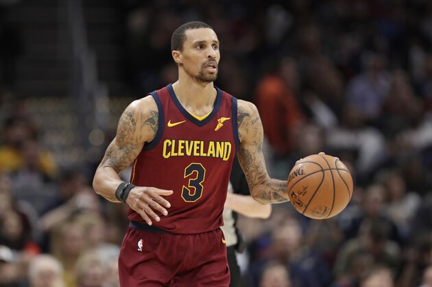 Cleveland Cavaliers' George Hill drives against the Toronto Raptors in the second half of an NBA basketball game, Wednesday, March 21, 2018, in Cleveland. (AP Photo/Tony Dejak)