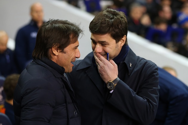 LONDON, ENGLAND - JANUARY 04: Antonio Conte manager of Chelsea and Mauricio Pochettino manager of Tottenham Hotspur during the Premier League match between Tottenham Hotspur and Chelsea at White Hart Lane on January 4, 2017 in London, England. (Photo by Catherine Ivill - AMA/Getty Images)