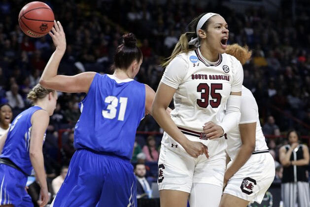South Carolina's Alexis Jennings (35) reacts after scoring during the first half in a regional semifinal against Buffalo at the NCAA women's college basketball tournament Saturday, March 24, 2018, in Albany, N.Y. (AP Photo/Frank Franklin II)
