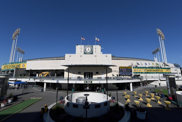 OAKLAND, CA - APRIL 03:  A detailed outside view of the Oakland-Alameda County Coliseum prior to the start of the opening night Major League Baseball game between the Los Angeles Angels of Anaheim and Oakland Athletics on April 3, 2017 in Oakland, California.  (Photo by Thearon W. Henderson/Getty Images)