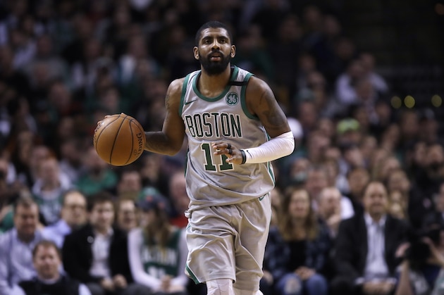 Boston Celtics guard Kyrie Irving (11) during the first quarter of an NBA basketball game in Boston, Monday, Feb. 26, 2018. (AP Photo/Charles Krupa)