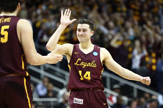 ATLANTA, GA - MARCH 24:  Ben Richardson #14 of the Loyola Ramblers reacts after a play in the first half against the Kansas State Wildcats during the 2018 NCAA Men's Basketball Tournament South Regional at Philips Arena on March 24, 2018 in Atlanta, Georgia.  (Photo by Ronald Martinez/Getty Images)
