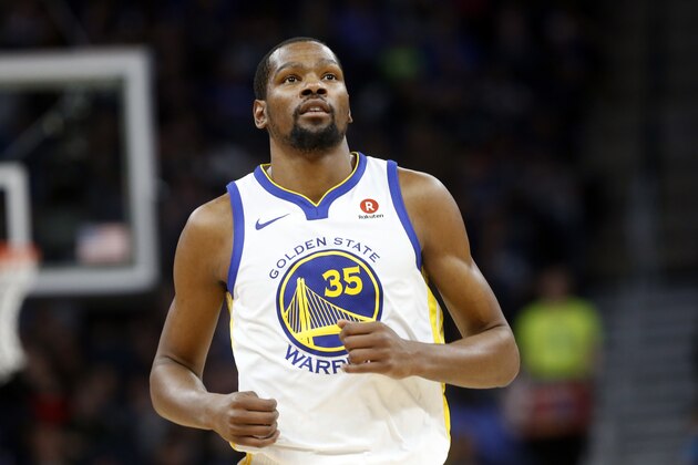Golden State Warriors' Kevin Durant plays against the Minnesota Timberwolves in an NBA basketball game Sunday, March 11, 2018, in Minneapolis. (AP Photo/Jim Mone)